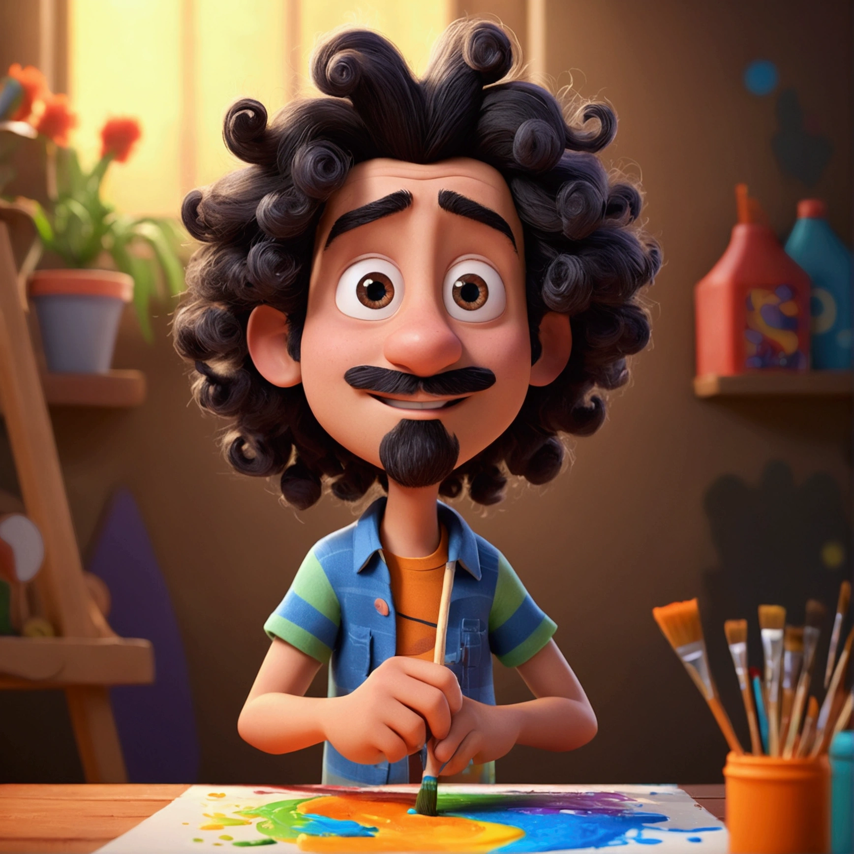 Cartoon character of a man with long black very curly hair, He has black eyes, he has a small zappa beard, he is painting a canvas with paint, an animated character, stylized character, animation style rendering, 3d stylized, Arnold Maya rendering, Stylized 3D rendering, toon render screenshot, 3d character, 3d character, Stylized 3D rendering, 3D character rendering, cartoon character, Personagem de close up, character posing, (Pixar-style) (master part:1.2) (bokeh) (best qualityer) (skin detailed) (detailed texture) (8k) (Argilla) (cinematic lighting) (sharp focus,Sit down and lift your upper body