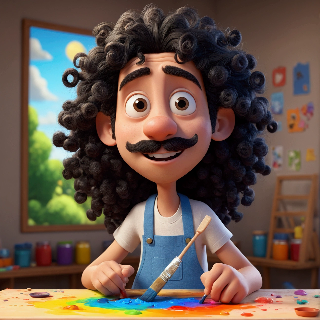 Cartoon character of a man with long black very curly hair, He has black eyes, he has a small zappa beard, he is painting a canvas with paint, an animated character, stylized character, animation style rendering, 3d stylized, Arnold Maya rendering, Stylized 3D rendering, toon render screenshot, 3d character, 3d character, Stylized 3D rendering, 3D character rendering, cartoon character, Personagem de close up, character posing, (Pixar-style) (master part:1.2) (bokeh) (best qualityer) (skin detailed) (detailed texture) (8k) (Argilla) (cinematic lighting) (sharp focus,Sit down and lift your upper body