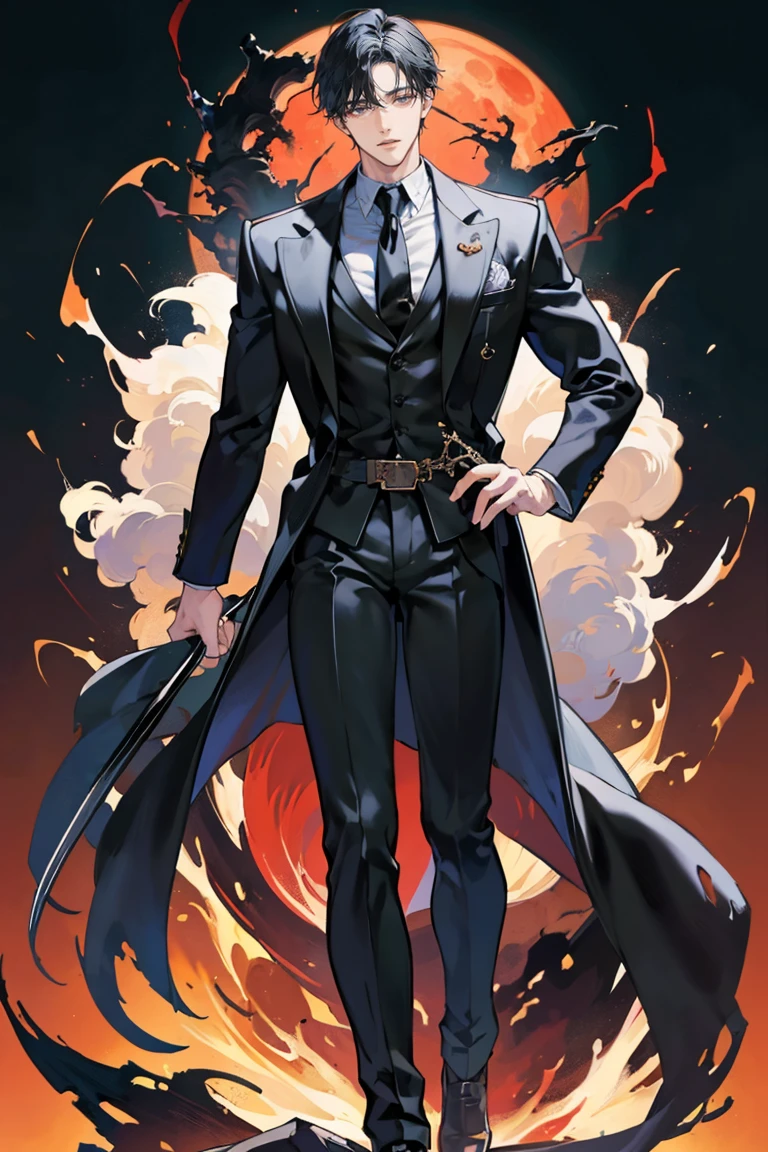 anime - (masterpiece), best quality, seductive eyes, mature face, black eyes, long slicked back black haircut, brown skin, black long sleeve polo, black necktie, long white coat with badges and medals, black pants, tall man, long legs, masculine, massive body, adult-like, full body, he's holding a black box with his right hand, there's monsters in the background with a full red moon