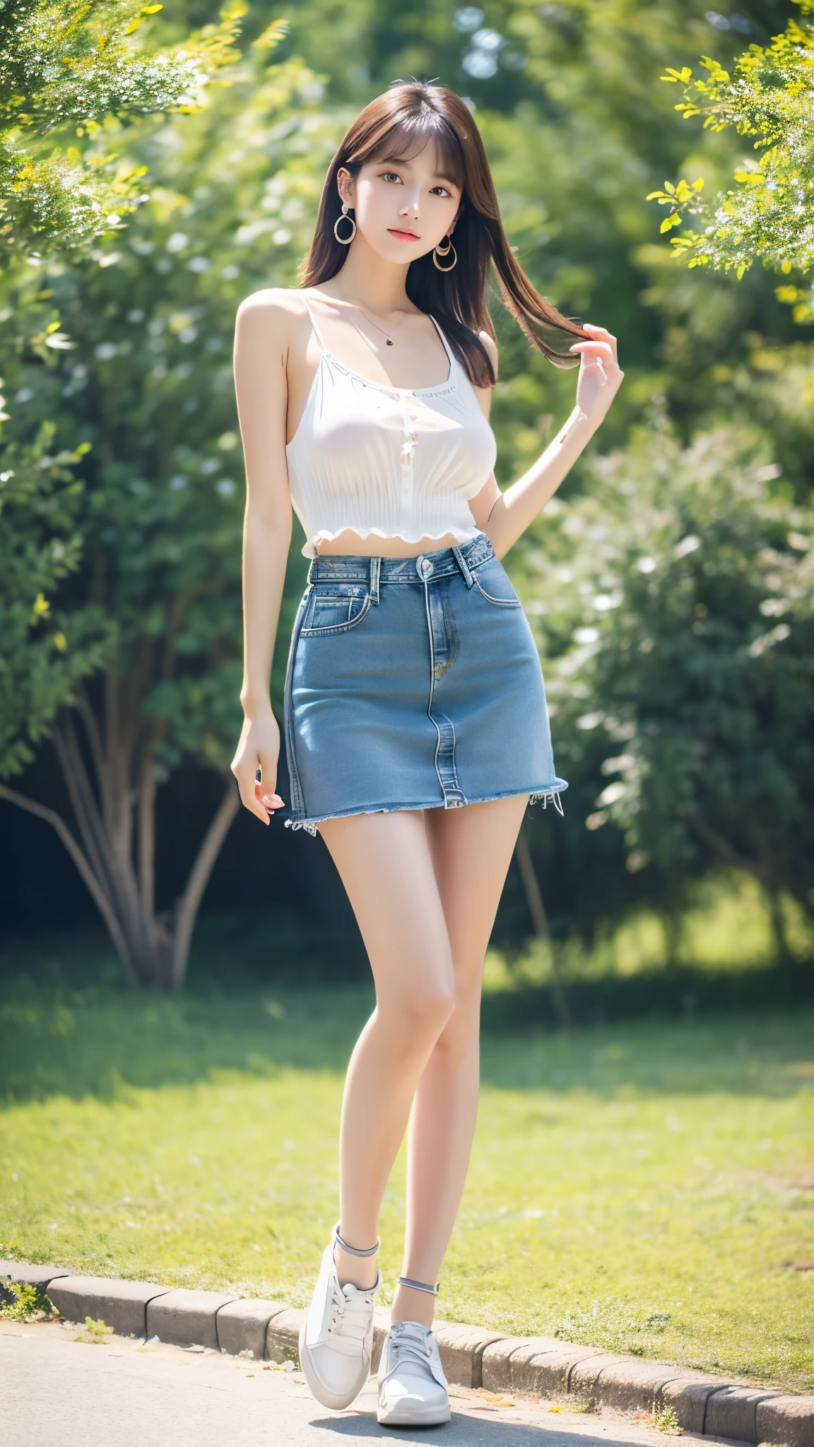 Ultra-clear resolution,Young girl,Shoulder-length hair,Light hair color,Earrings,Clear eyes,No makeup,Lip Gloss,Perfect face,Fair skin,Perfect breasts,Long and slender legs,Denim Mini Skirt,shoe,full-body shot,Empty outdoors