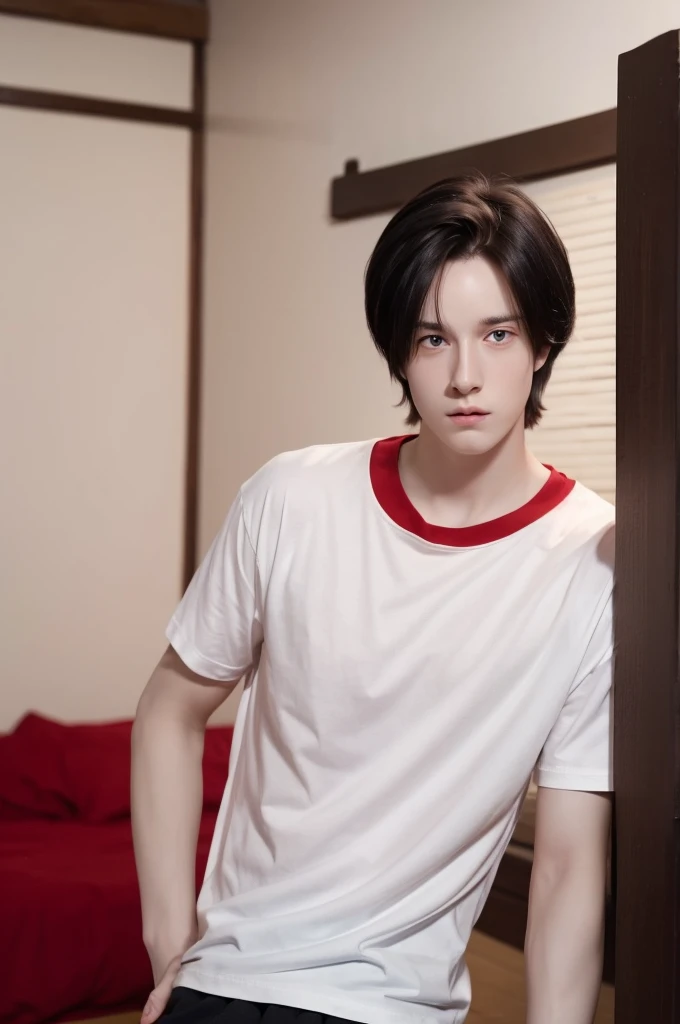 Young man, very pale, black hair, Red eyes, Masterpiece, in the background a cozy room, White T-shirt. defined body. 