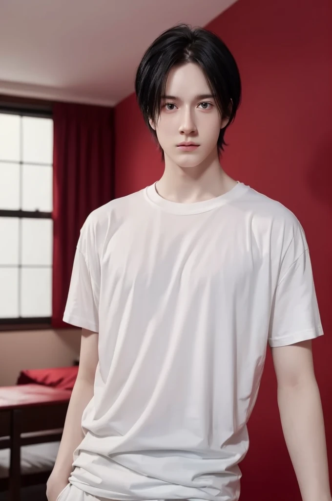 Young man, very pale, black hair, Red eyes, Masterpiece, in the background a cozy room, White T-shirt. defined body. 