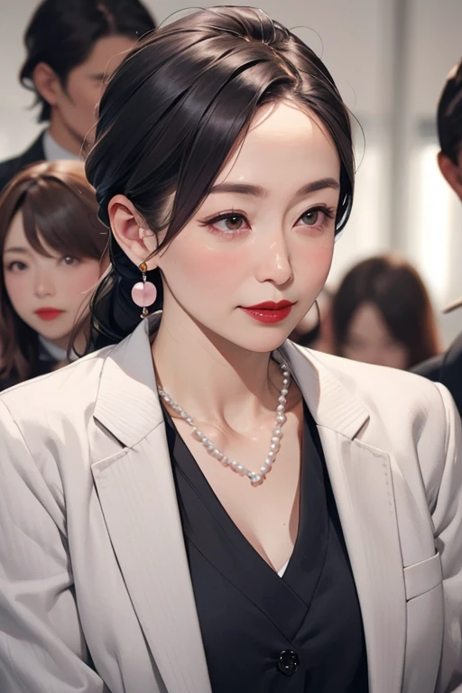 Beautiful mature Japanese woman aged 55, Long eyelashes, Low Ponytail, Red lipstick, Pink Cheeks, Pearl Necklace, Earrings, Houses of Parliament, Female politicians, Stylish suit