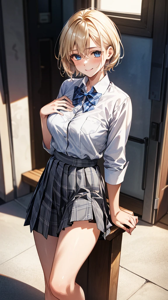 (masterpiece:1.3, top-quality, ultra high res, ultra detailed), (realistic, photorealistic:1.4), beautiful illustration, perfect lighting, natural lighting, colorful, depth of fields, 
looking at viewer, full body, front view:0.6, 1 girl, japanese, high school girl, perfect face, (perfect anatomy), cute and symmetrical face, , shiny skin, , 
(short hair:1.5, pixie cut:1.2, blonde hair), hair between eyes, blue eyes, long eye lasher, (large breasts:0.8), 
beautiful hair, beautiful face, beautiful detailed eyes, beautiful clavicle, beautiful body, beautiful chest, beautiful thigh, beautiful legs, beautiful fingers, 
((collared short sleeve shirt, white shirt, gray plaid pleated skirt, blue plaid bow tie)), white panties, 
(beautiful scenery), day time, (school), standing, (lift the skirt, grab the hem of the skirt, put your hand on your chest, hand between legs), (seductive smile, upper eyes),