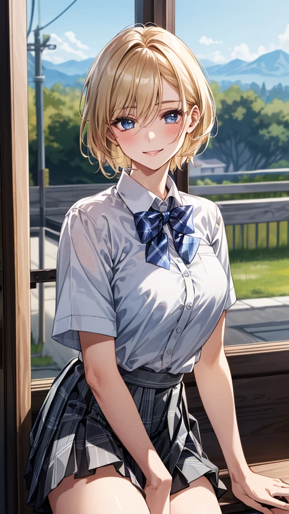 (masterpiece:1.3, Highest quality, Ultra-high resolution, Super detailed), (Realistic, photoRealistic:1.4), Beautiful illustrations, Perfect lighting, Natural light, colorful, Depth of written boundary,
View your viewers, whole body, Front view:0.6, 1 girl, Japanese, high School girl, Perfect Face, (Perfect Anatomy), Cute and symmetrical face, Baby Face, Glowing Skin, ,
(short hair:1.5, Pixie Cut:1.2, Blonde), Hair between the eyes, blue eyes, Long eyelashes, (Large Breasts:0.8),
Beautiful Hair, Beautiful Face, Beautiful attention to detail, Beautiful clavicle, Beautiful body, Beautiful breasts, Beautiful thighs, Beautiful feet, Beautiful fingers,
((Collared short-sleeved shirt, White shirt, Grey plaid pleated skirt, Blue checked bow tie)), White panties,
(Beautiful views), Daytime, (School), Are standing, (Lift up the skirt, Grab the hem of your skirt, please put your hand on your chest, Place your hands between your legs), (Captivating smile, Upward glance),