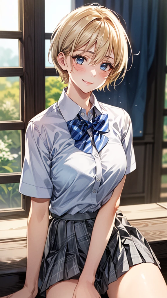 (masterpiece:1.3, Highest quality, Ultra-high resolution, Super detailed), (Realistic, photoRealistic:1.4), Beautiful illustrations, Perfect lighting, Natural light, colorful, Depth of written boundary,
View your viewers, whole body, Front view:0.6, 1 girl, Japanese, high School girl, Perfect Face, (Perfect Anatomy), Cute and symmetrical face, Baby Face, Glowing Skin, ,
(short hair:1.5, Pixie Cut:1.2, Blonde), Hair between the eyes, blue eyes, Long eyelashes, (Large Breasts:0.8),
Beautiful Hair, Beautiful Face, Beautiful attention to detail, Beautiful clavicle, Beautiful body, Beautiful breasts, Beautiful thighs, Beautiful feet, Beautiful fingers,
((Collared short-sleeved shirt, White shirt, Grey plaid pleated skirt, Blue checked bow tie)), White panties,
(Beautiful views), Daytime, (School), Are standing, (Lift up the skirt, Grab the hem of your skirt, please put your hand on your chest, Place your hands between your legs), (Captivating smile, Upward glance),