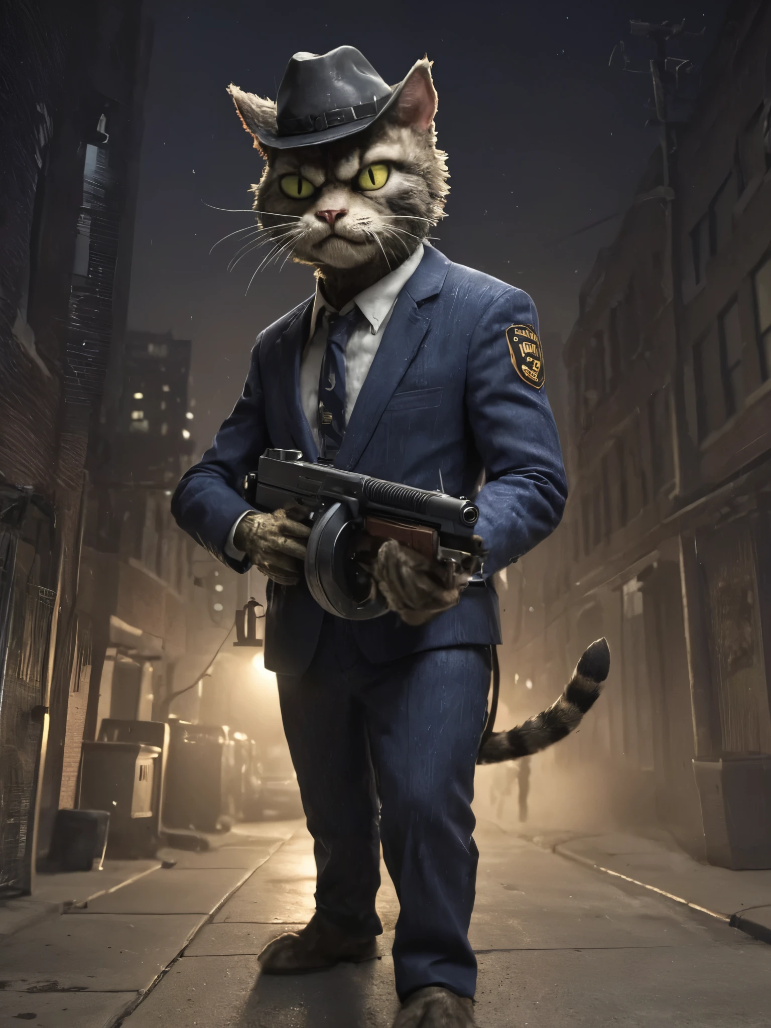 Plants vs. Zombies style, anthropomorphic furry cat in a hanger suit carrying a tmmygn submachine gun in a nighttime Chicago street. Cowboy shot.