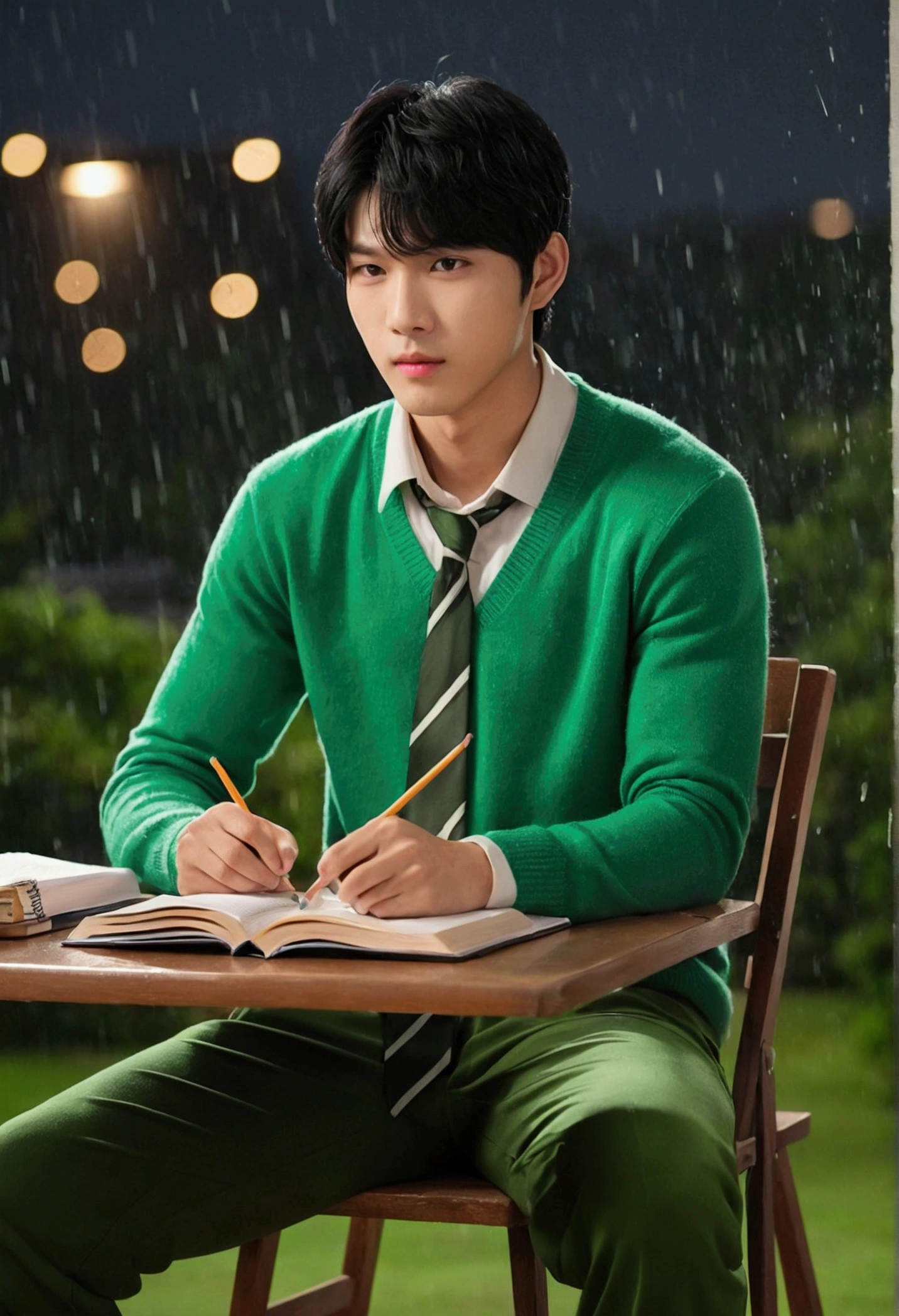 quality)), ((masterpiece)), (detailed), 1 hot and handsome but tall asian boy with milky white skin tone, light brown but black hair, light pink lips, wearing green half sweater with green tie with ash colored pant and sitting on chair and doing homework full body pic from right shoulder side in night scenerio raining heavily outside
