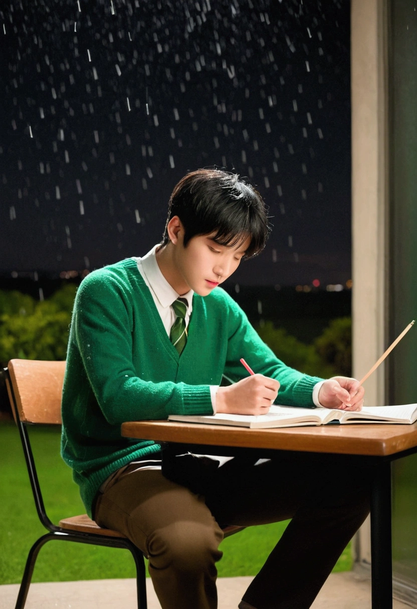 quality)), ((masterpiece)), (detailed), 1 hot and handsome but tall asian boy with milky white skin tone, light brown but black hair, light pink lips, wearing green half sweater with green tie with ash colored pant and sitting on chair and doing homework full body pic from right shoulder side in night scenerio raining heavily outside