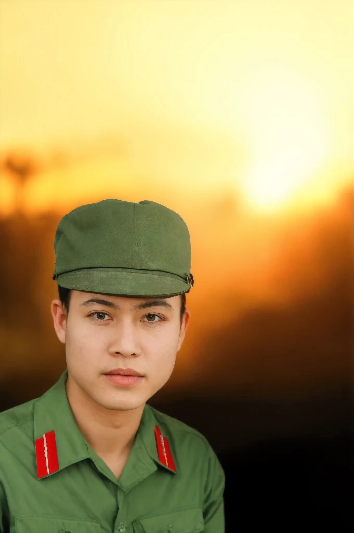 RAW photo of a 25 year old man, wearing a green Vietnamese army shirt, Asian, short black hair, real face, real skin, (photorealistic:1.4), (high detail soft skin:1.2 ), 8k uhd, dslr, soft light, high quality, grain film, Fujifilm XT