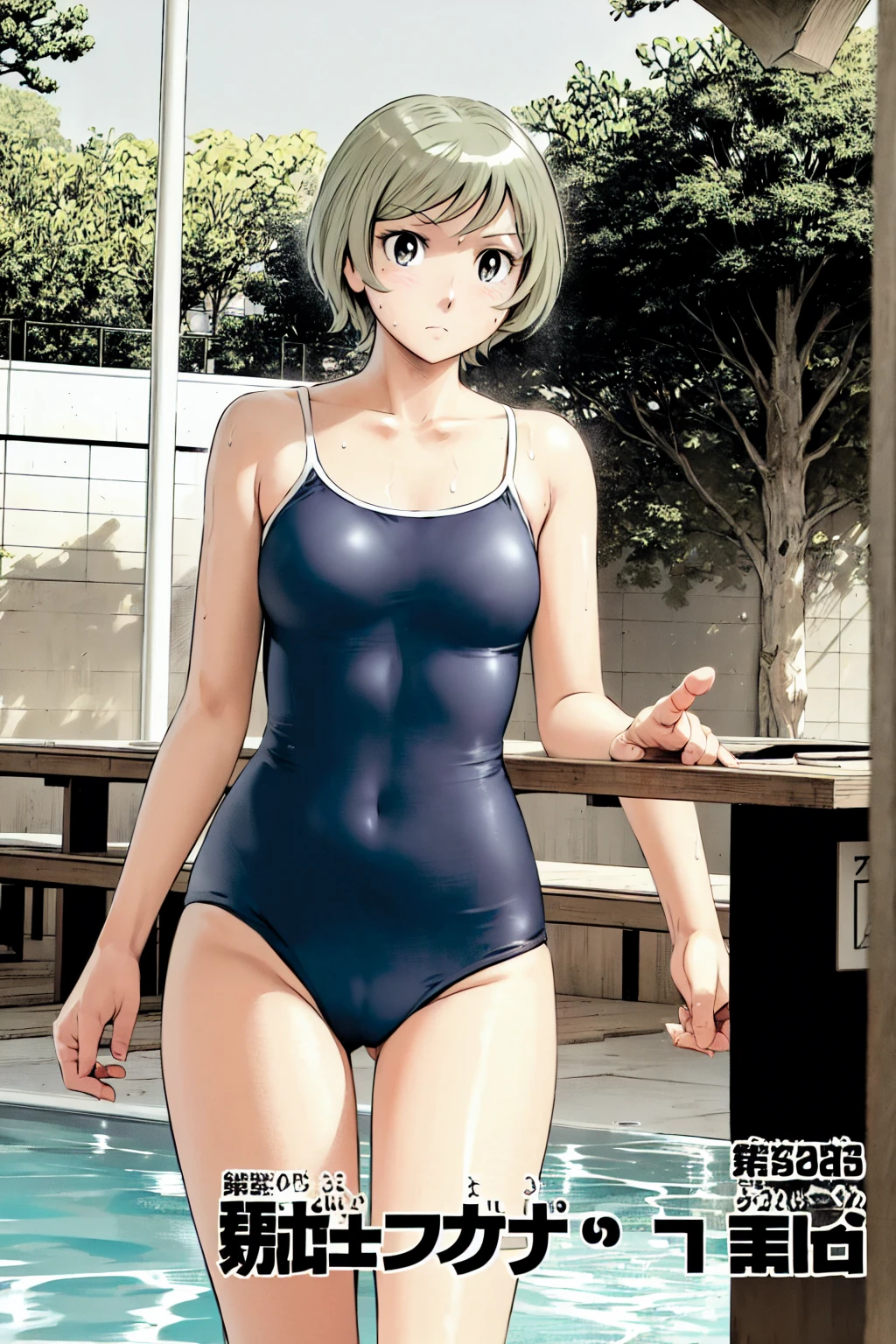 Blue school swimsuit、(masterpiece、Highest quality)、Highest quality, Ultra-high resolution, (((masterpiece))), alone, Sweat、Big eyes, Composition from the front、Shortcuts、Embarrassed face、blonde、Cut your hair short、School swimming pool、short hair、Pussy Line、Browsing Caution、Butt