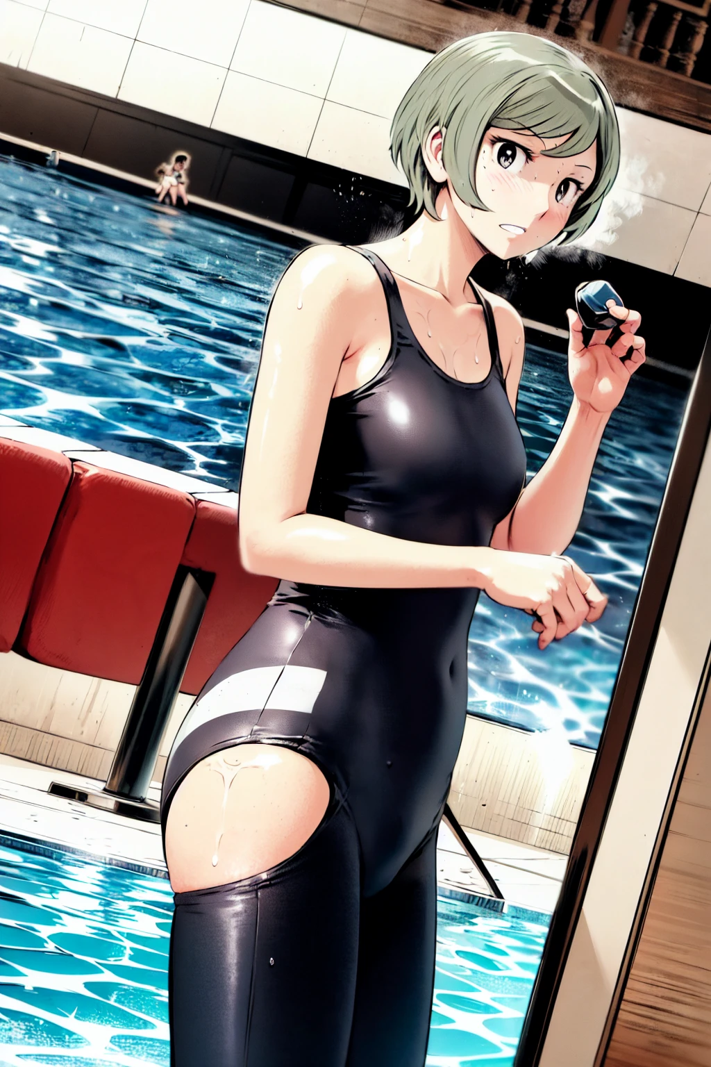 Blue school swimsuit、(masterpiece、Highest quality)、Highest quality, Ultra-high resolution, (((masterpiece))), alone, Sweat、Big eyes, Composition from the front、Shortcuts、Embarrassed face、blonde、Cut your hair short、School swimming pool、short hair、Pussy Line、Browsing Caution、Butt
