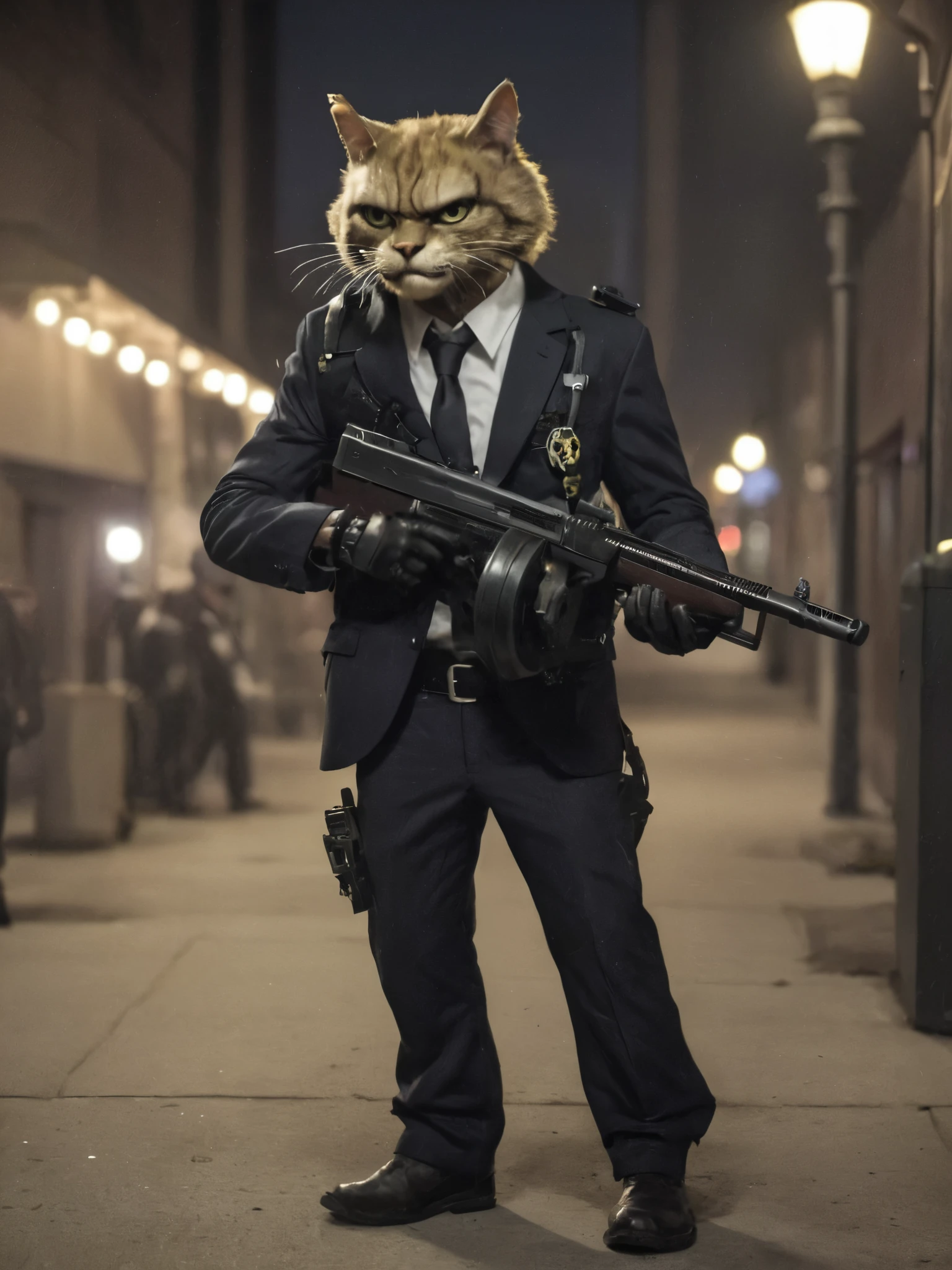 Plants vs. Zombies style, anthropomorphic furry cat in a hanger suit carrying a tmmygn submachine gun in a nighttime Chicago street. Cowboy shot.