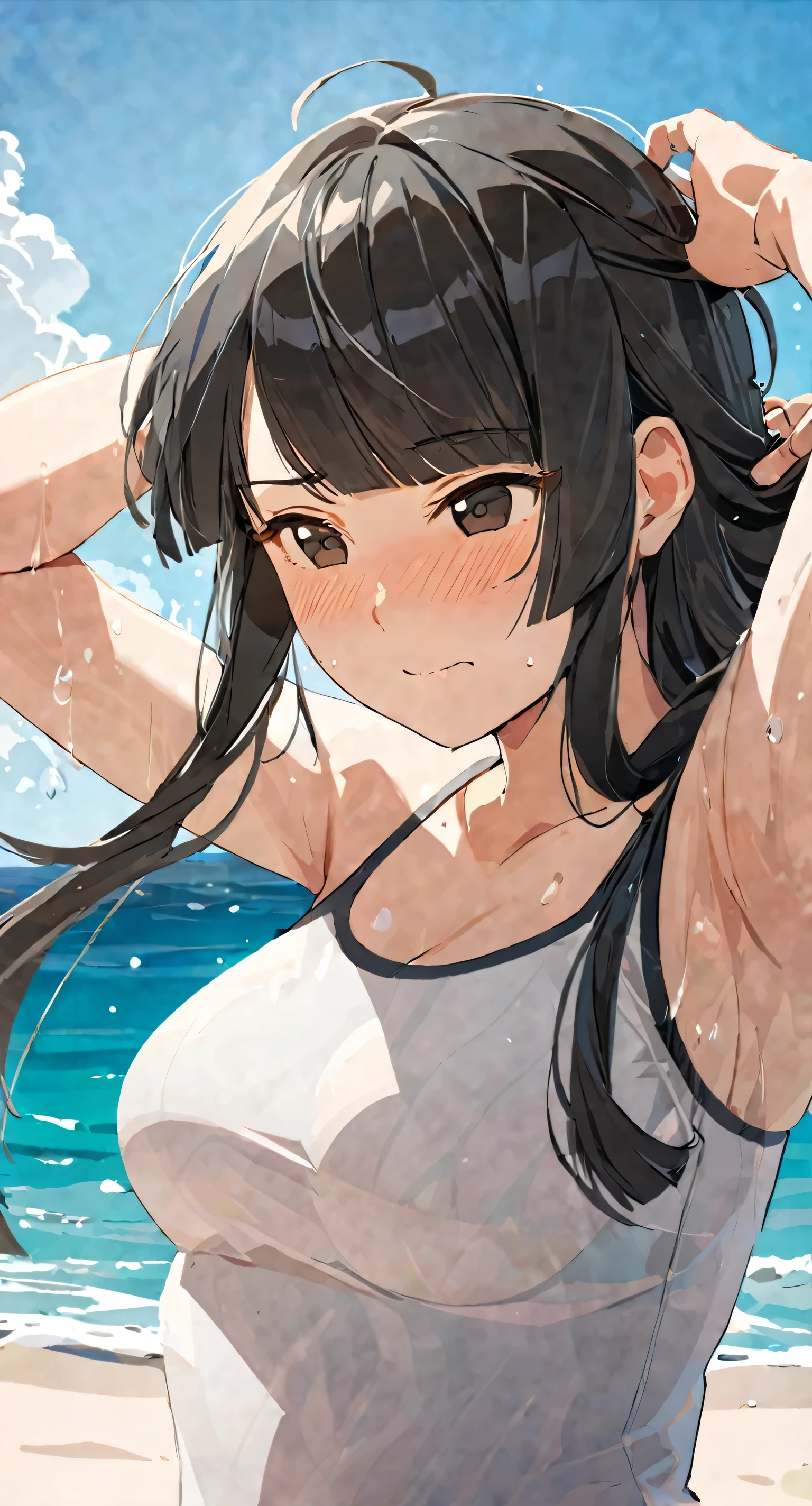 masterpiece,best quality, solo, eda, bangs, black hair, upper body,blue sky,cloud, shy expression, medium breast, hot, thicc, swimsuit , ocean, water, she is tying her hair, she is shy, embarrassed , she is embarrassed, dynamic pose, she is tying her hair, close shot, upper body, chubby