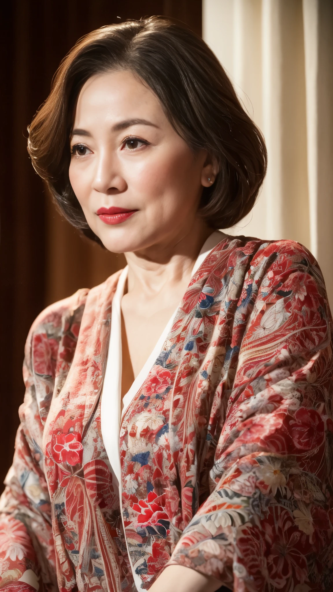 Mature Woman, Face close-up, Japanese painting gravure, senior citizen, Draw lips correctly, Red lipstick, No discomfort, 16K, Highest quality, Very detailed, Realistic, Very detailed肌, (Japanese), alone, Large Breasts, Neighborhood Wife, Glamour, sexy, Chromo White Skin, Staring straight ahead,