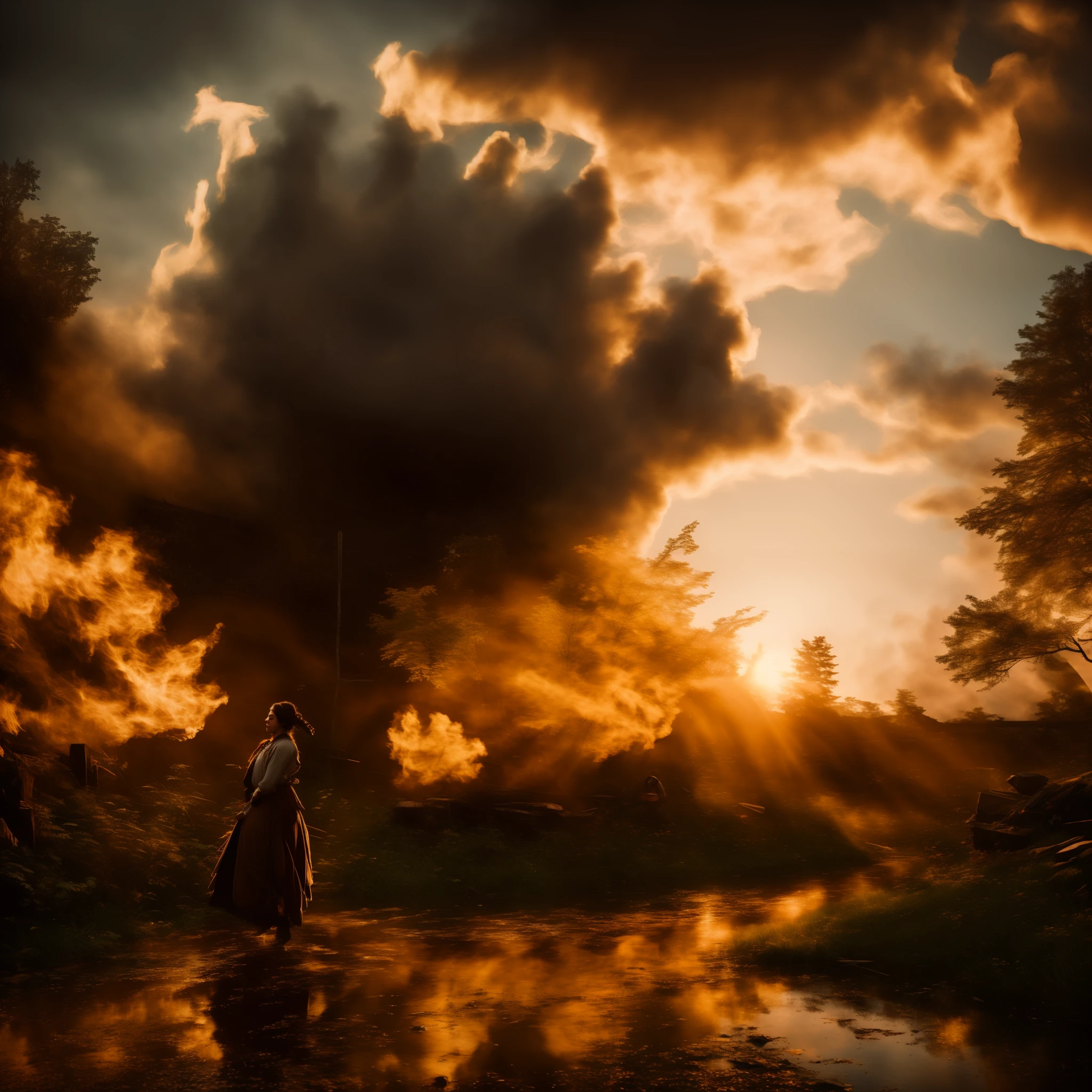 year: 1828. Location: Illinois. Pre-Raphaelite scene with native american squaw, sauk native american, escaping, running away, war victim, scared woman, [visible motiontrail, motion trail], ((((Clothing from the 1820s)))) ((Hairstyle of the 1820s)), ((("OMITB" cinematography))). [The character is surrounded by mist, evoking a mysterious and eerie atmosphere. The lighting is dark and atmospheric, with smoke adding a touch of sinister ambiance. Best quality image, HDR enhancement, showcasing the utmost level of detail and realism, full body shot:1.5]. [8K, Best Quality, Ultra High Resolution, (highly detailed CG unity 8k wallpaper), (best photo), cry, (best shadows), isometric 3D, octane rendering, ray tracing, highly detailed, (Best quality, 4K, 8k:1.2), absurdity, ultra detailed, (realistic, photorealistic, photorealistic:1.37), complex parts, HDR, (complex parts:1.12), (hyper detailed, hyper realistic, Soft lighting, spicy:1.2), (complex parts, Hyper detailed:1.15). Blurred foreground. (backlit), masterpiece, high quality, brightness, chromatic aberration, foggy smoke, shadows, ontrast, clear sky, (warm hue, warm tone), high details, natural reflections].