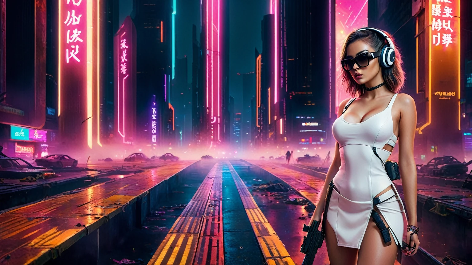 dark futuristic landscape, at night, neon lights, Atmospheric fog, large buildings in the background, futuristic city, streets with open shops, skyscraper (postapocalyptic city:1.3). (((1girl, solo, alone))), large-breast:1.2 slim body, cleavage:1.1, sexy miniskirt, (((headphone, black sunglasses, standing and holding pistol pose))), (((half-body thigh level medium shot))), cinematic lighting, lens flare, ray tracing.