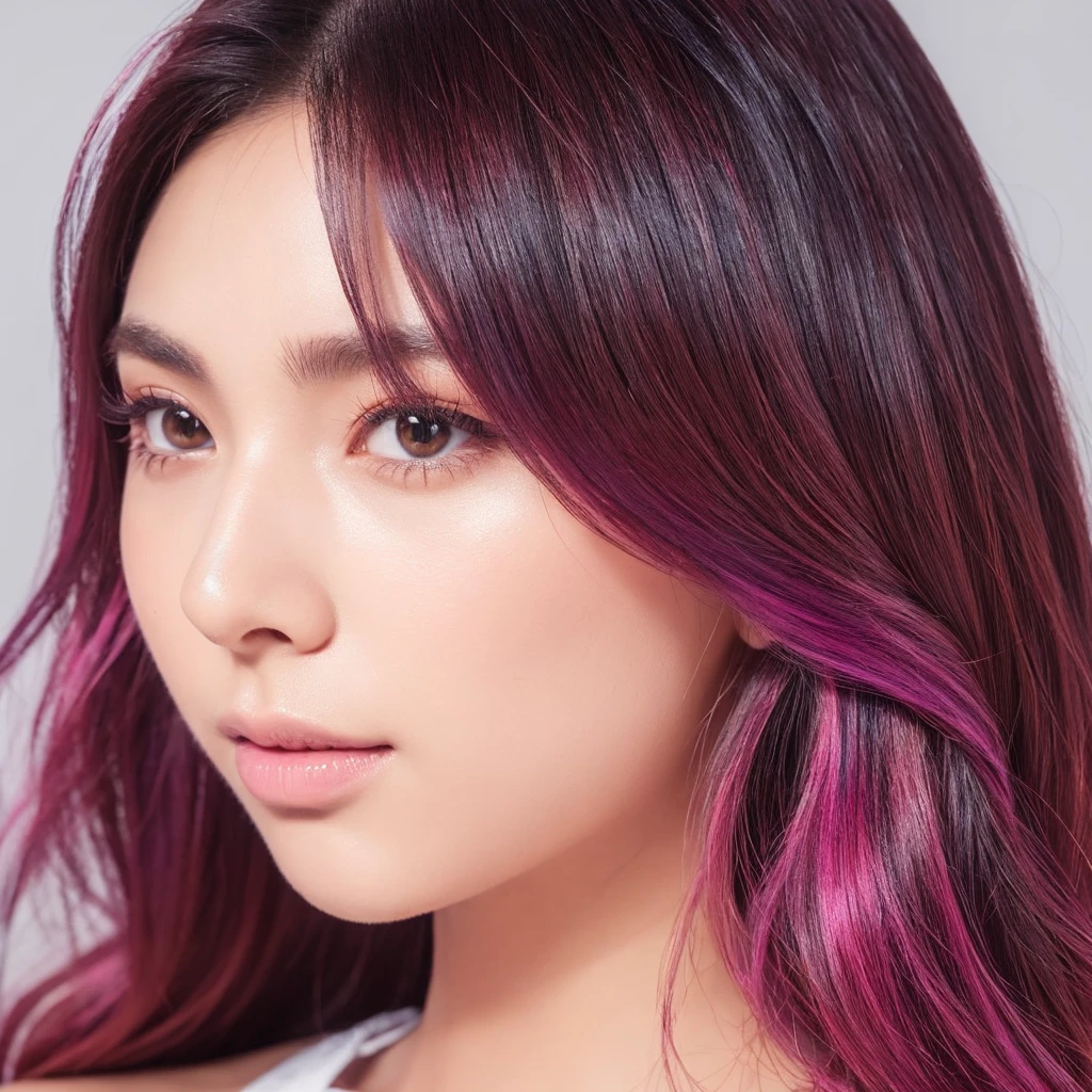 A close-up portrait of a Japanese woman in a bright studio setting. Her hair showcases a bold, eye-catching salon color job. The base is a deep, rich brown, while vibrant, contrasting inner colors peek through - think streaks of electric blue, vivid purple, or bright pink. These striking inner colors are strategically placed to create a dynamic, multi-dimensional look. The hair is styled in soft waves with layers that reveal the interplay between the base color and the vivid inner hues. Her hairstyle exudes movement and texture, with the colored sections becoming more visible as the hair moves. Her eyes are accentuated with long, voluminous eyelashes and precise, dark eyeliner. Her cheeks have a soft blush. The portrait stops at her shoulders, with no hands visible. The studio lighting is exceptionally bright and even, illuminating her face and hair brilliantly. This lighting emphasizes the contrast between her hair colors, making the vibrant inner colors pop against the darker base. It also highlights her eyes, eyelashes, and overall facial features. The background is pure white, creating a clean, bright, and stark contrast to her colorful hair. There are absolutely no other elements in the background - it's completely clean and white.