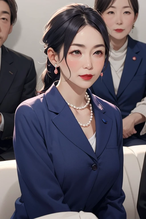 Beautiful mature Japanese woman aged 55, Long eyelashes, Low Ponytail, Red lipstick, Pink Cheeks, Pearl Necklace, Earrings, Female politicians, In a meeting, Stylish navy blue suit