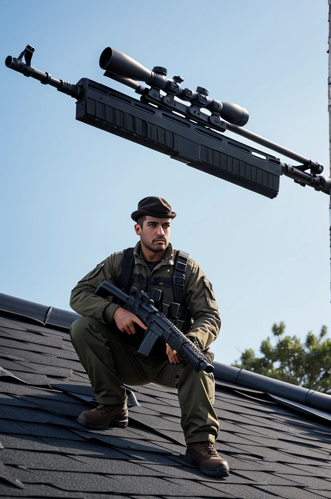 Man on top of a roof with a rifle 