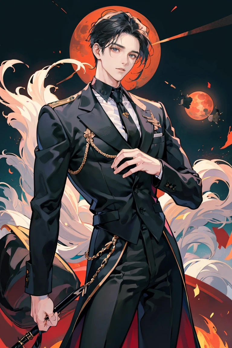anime - (masterpiece), best quality, seductive eyes, mature face, black eyes, long slicked back black haircut, brown skin, black long sleeve polo, black necktie, long white coat with badges and medals, black pants, tall man, long legs, masculine, massive body, adult-like, full body, he's holding a black box with his right hand, there's monsters in the background with a full red moon