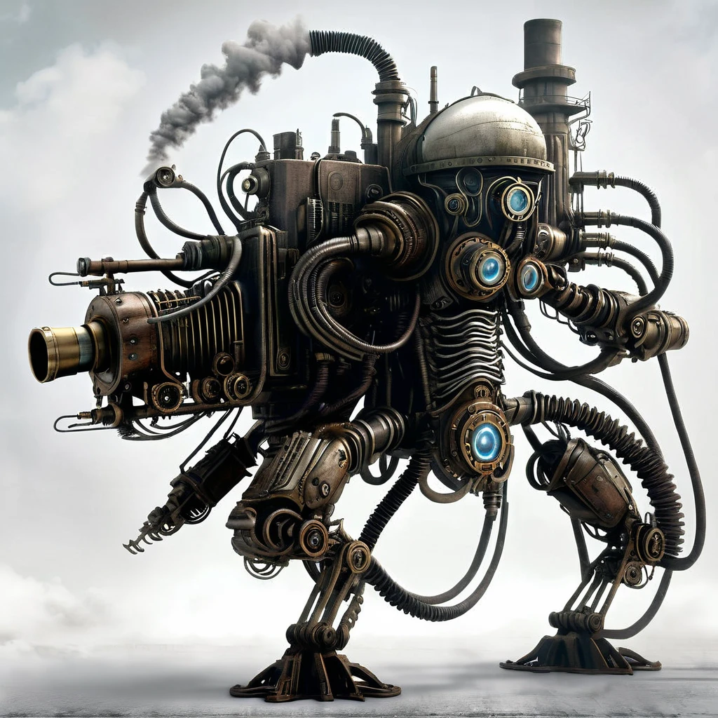 Noise Man Sonic Attack on Titan，Steampunk, side view, White background, Unreal Engine, Inspired by HR Giger, Half-length portrait, Very detailed, Photo-realistic, Movie, Stills, Shot in the style of a Sony Alpha A7 III camera