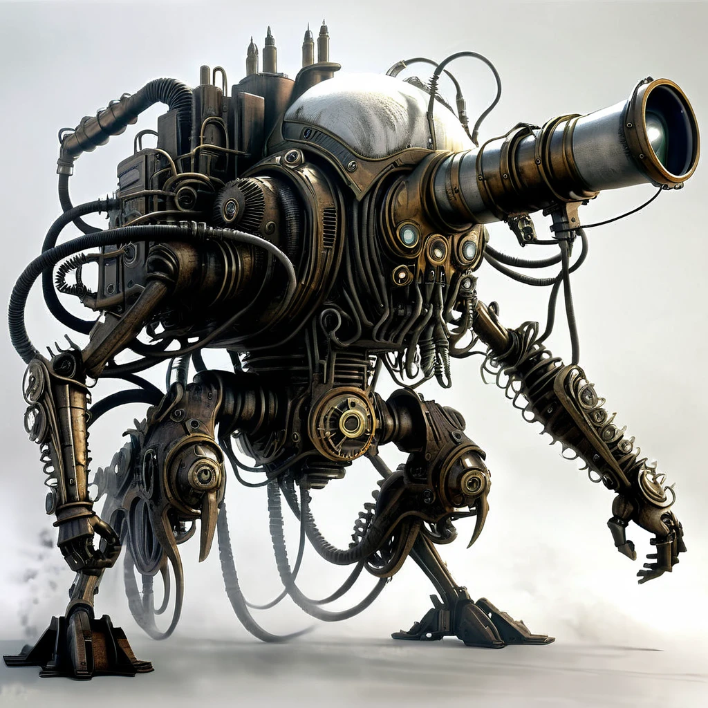 Noise Man Sonic Attack on Titan，Steampunk, side view, White background, Unreal Engine, Inspired by HR Giger, Half-length portrait, Very detailed, Photo-realistic, Movie, Stills, Shot in the style of a Sony Alpha A7 III camera