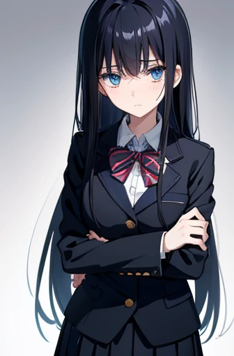 Photo from thigh to head、Front facing、Standing at the camera、One high school girl、sad look、Anxious expression、Timid look、Praying with hands folded、Long black hair、Straight Hair、Blue Eyes、uniform、blazer、Pleated skirt、Slender figure、White background