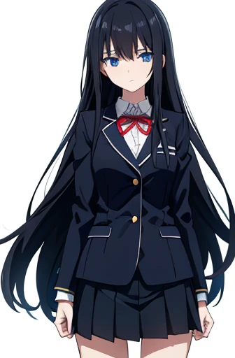 Photo from thigh to head、Front facing、Standing at the camera、One high school girl、sad look、Anxious expression、Timid look、Praying with hands folded、Long black hair、Straight Hair、Blue Eyes、uniform、blazer、Pleated skirt、Slender figure、White background