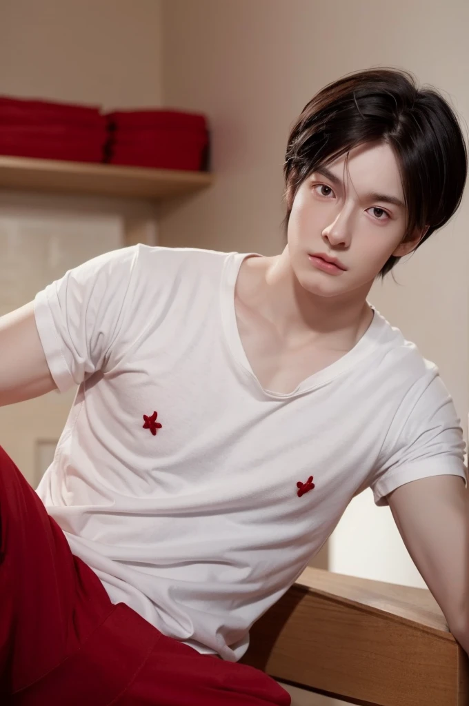 Young man, very pale, black hair, Red eyes, Masterpiece, in the background a cozy room, White T-shirt. defined body, a little muscular, male features. 