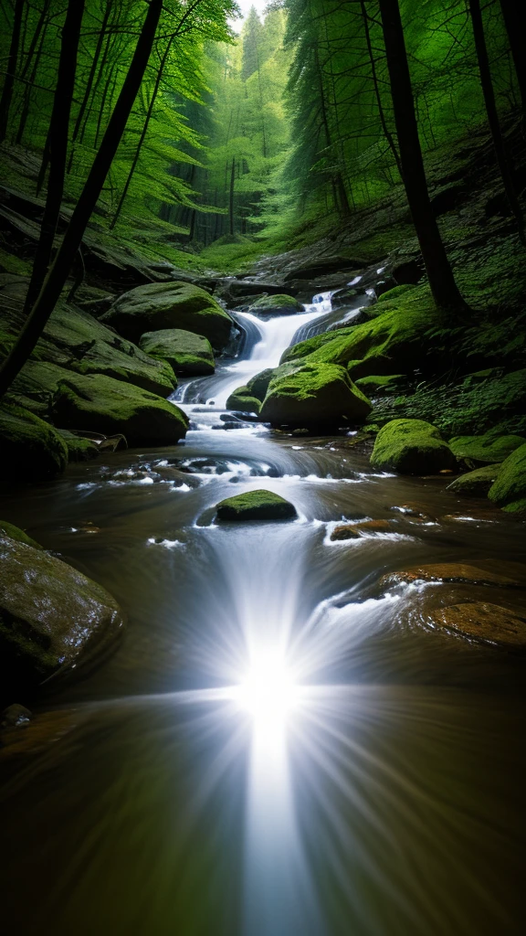 A 4K wallpaper of a glowing white figure floating above a stream in a dark forest. The figure is reaching up with one hand, and the only light comes from the figure and its reflection in the water
