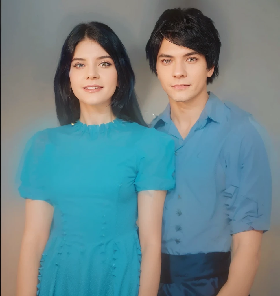 Ghost, (monster girl), blue skin, spikes, spiky black hair, a fanged grin, , dressed in a blue and yellow followers dress, masterpiece, best quality Ghost, (monster boy), blue shart, spikes, spiky black hair, dressed in a blue shart dress, masterpiece, best quality
