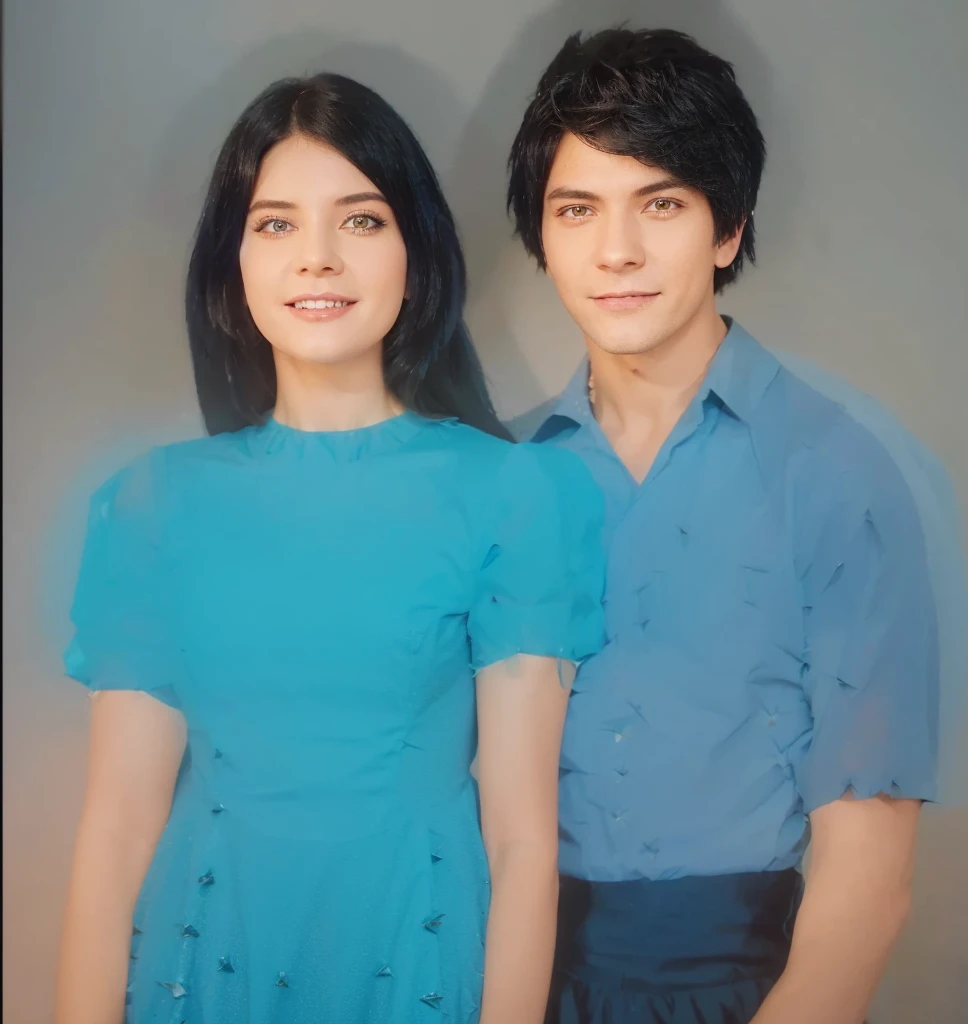 Ghost, (monster girl), blue skin, spikes, spiky black hair, a fanged grin, , dressed in a blue and yellow followers dress, masterpiece, best quality Ghost, (monster boy), blue shart, spikes, spiky black hair, dressed in a blue shart dress, masterpiece, best quality