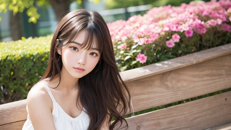 Produce the highest quality and highest resolution 8K images。Please draw the upper body of a 20 year old Japanese woman.。Please draw an image of someone sitting on a park bench looking up at the sky.。She has brown eyes and a model figure.、She has an idol-level cute face.。The hair is wavy。The skin is、It is a natural skin color。