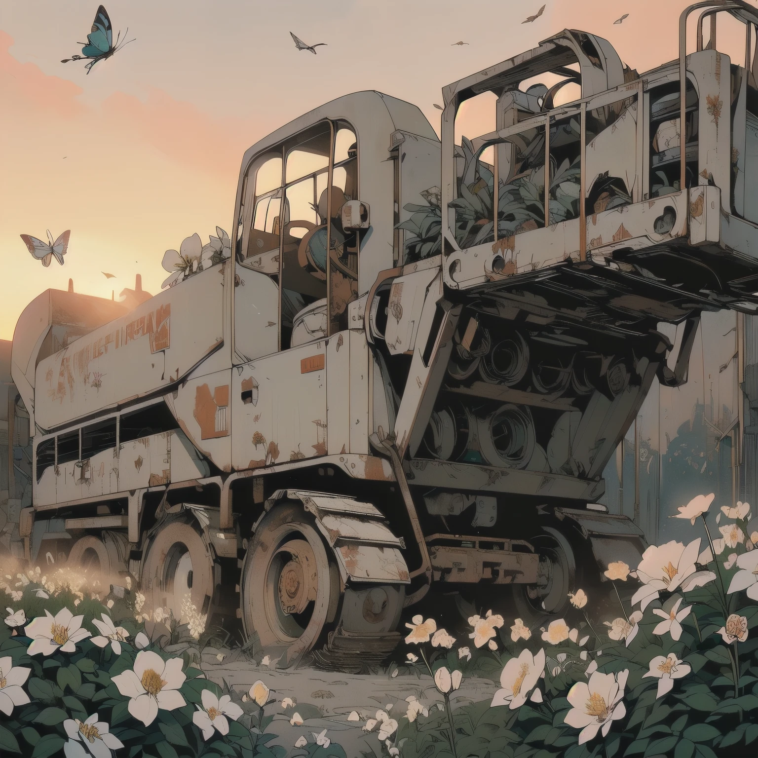 Detailed Machinery、Abandoned Factory、Atrium、(((White Flower Field)))、(((Rusty heavy equipment)))、Gorgeous light leaks、(((Sunset)))、fog、Detailed Background、Highest quality、(((No humans)))、Broken heavy machinery、Complex heavy machinery、Faint lighting、(((Fluttering white petals)))、sunset、(((Dull colors)))、(((Rusty detailed heavy machinery)))、(((Many white flowers fly)))、(((Heavy machinery covered in flowers)))、(((Lots of butterflies)))