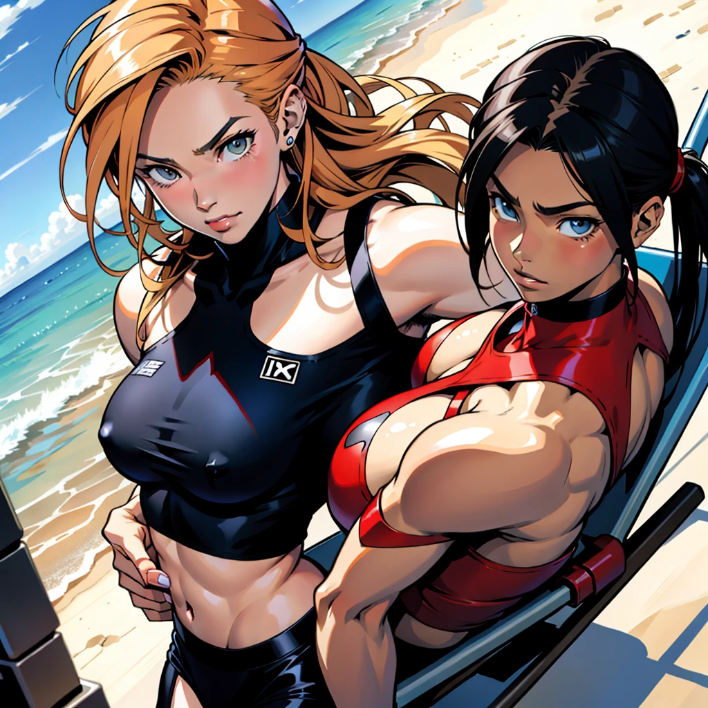 アニメ cel-shading (female (amazones)), muscle, on the beach in ((anime + manga + comics + cartoon) style)