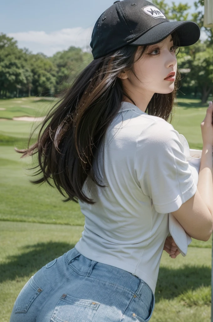 (masterpiece, best quality:1.4),(surreal photo,:1.4), 골프선수full body photo, 1 woman, alone,full body photo,long hair blowing in the wind, (big bust,:1.7), (big ass,1.5), Tight golf long pants, Tight V-neck short sleeve tee, golf course, realistic, dynamic, back, full body photo, Golf Cap, sun visor