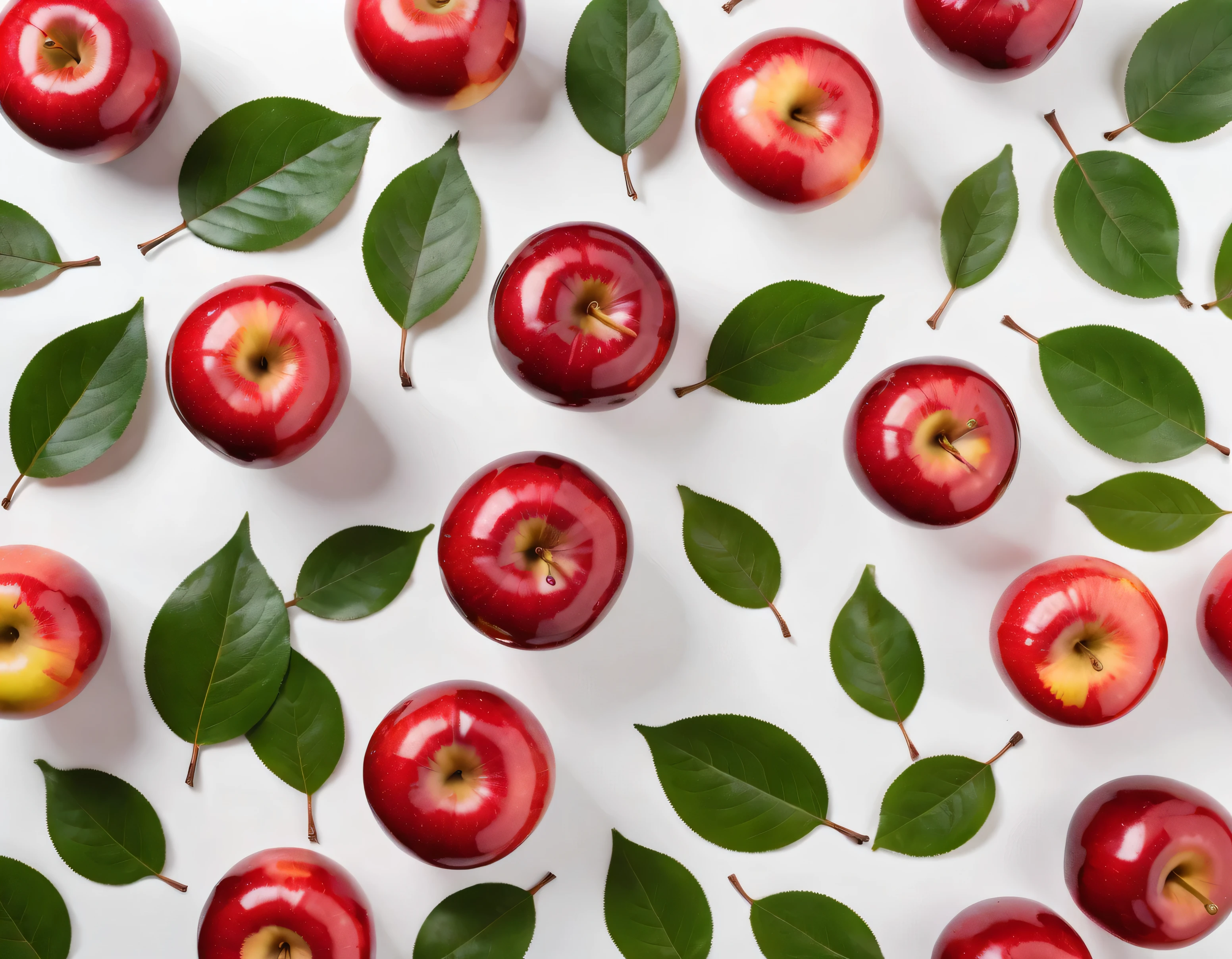 White background, mop leaves, and ripe red apples are all over the corners of the white background