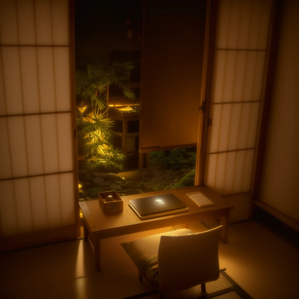 The room has a small table with a laptop and a bunch of books on it., In a Japanese apartment, Japanese style, Outside the window is a summer night garden Ryokan and Edo period house, Japanese House, A small room in Tokyo, japanese influences, Luxury hot spring, A man in a yukata sitting at a desk