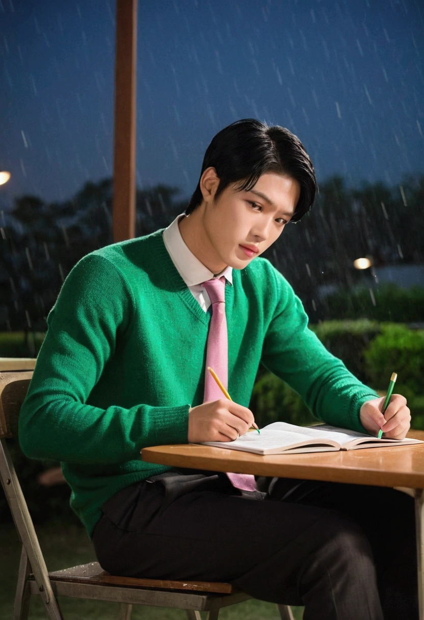 quality)), ((masterpiece)), (detailed), 1 hot and handsome but tall asian boy with milky white skin tone, light brown but black hair, light pink lips, wearing green half sweater with green tie with ash colored pant and sitting on chair and doing homework full body pic from right shoulder side in night scenerio raining heavily outside