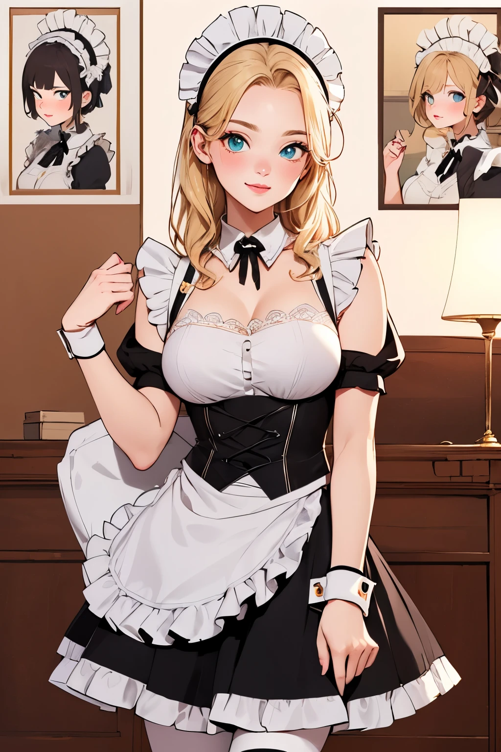 poster, (masterpiece, best quality),blond(rich and colorful),(Stunning details,Detailed background),Anatomically correct,Precision drawing,Detailed view,Luxury, girl lotus pose:1.6, lotus po station:1.6, (Maid costume:1.5), Pillow, Smile,Large Breasts,Blank background
