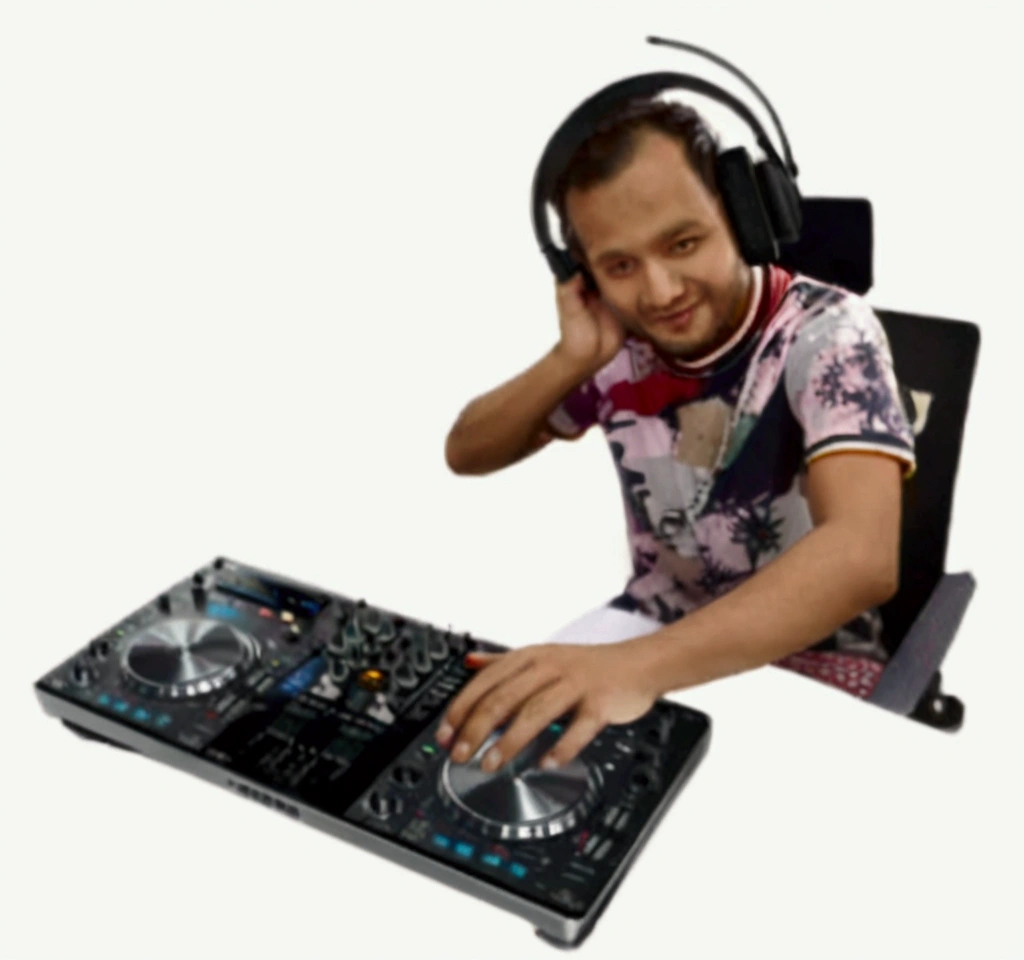 arafed man sitting at a desk with a dj controller and headphones, dj sura, dj, dj set, dj mixer, playing techno house music, turntablism dj scratching, dj at a party, meme format, djing with dj turntables, mohamed chahin style, dj rave , with head phones, audio equipments, uploaded