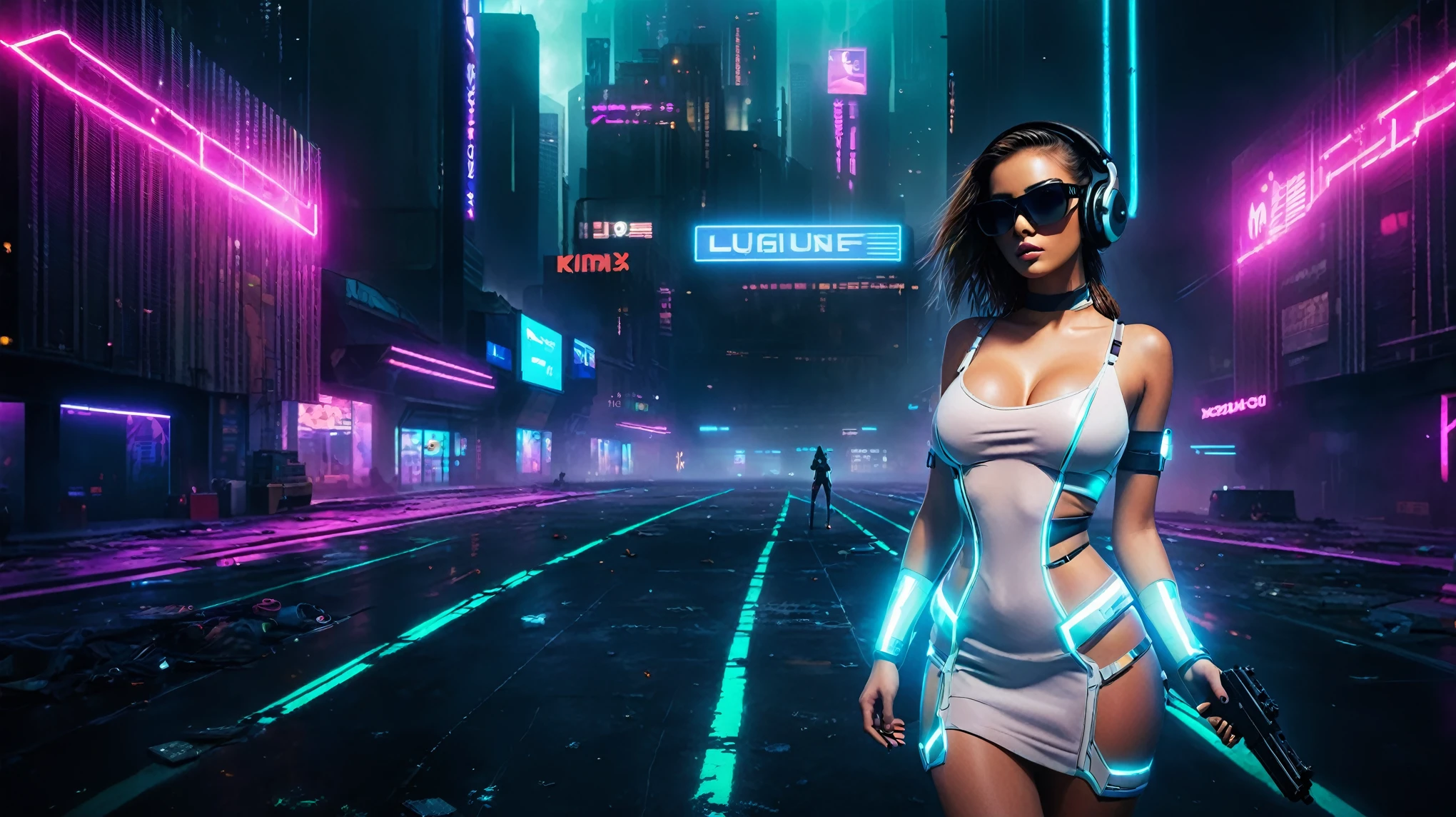 dark futuristic landscape, at night, neon lights, Atmospheric fog, large buildings in the background, futuristic city, streets with open shops, skyscraper (postapocalyptic city:1.3). (((1girl, solo, alone))), large-breast:1.2 slim body, cleavage:1.1, sexy miniskirt, (((headphone, black sunglasses, standing and holding pistol pose))), (((half-body thigh level medium shot))), cinematic lighting, lens flare, ray tracing.