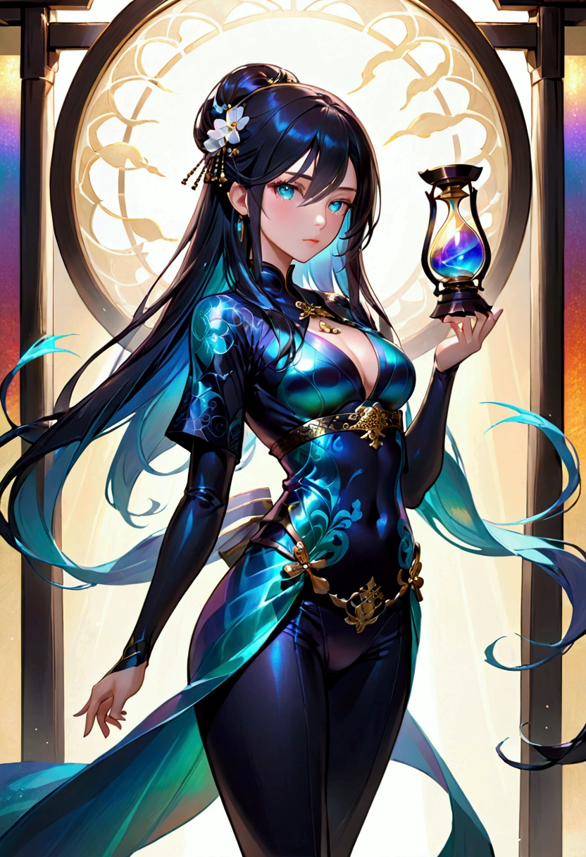 Long dark iridescent hair,iridescent eyes, hourglass body figure, tall, shinobi