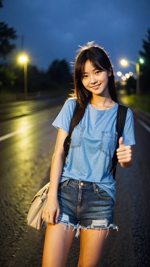 A woman hitchhiking with her right thumb up。T-Shirts Jeans Waiting for a truck on the side of the road Light rain night Town Lights