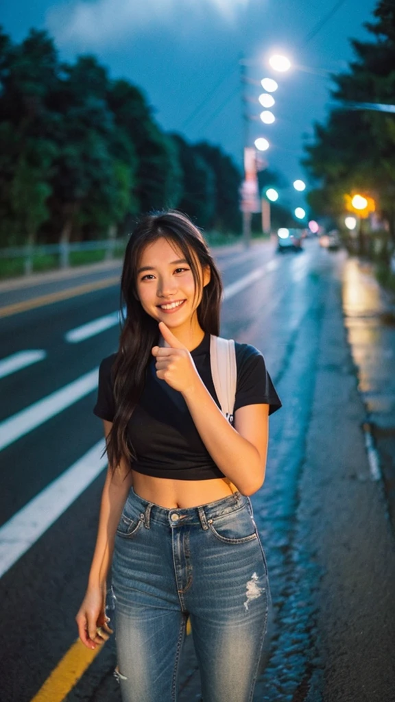 A woman hitchhiking with her right thumb up。T-Shirts Jeans Waiting for a truck on the side of the road Light rain night Town Lights