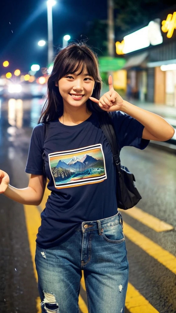 A woman hitchhiking with her right thumb up。T-Shirts Jeans Waiting for a truck on the side of the road Light rain night Town Lights