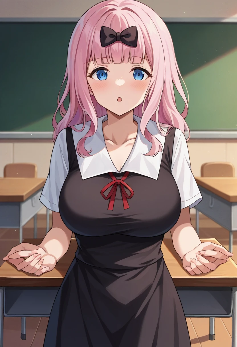 score_9, score_6_wonderful, Hentai, One Girl, alone, classroom, Cowboy Shot, chika, blue eyes, Pink Hair, Hair Ribbon, Black Bow, Black Dress, White sailor collar, Neck ribbon, Red ribbon, Short sleeve, White shirt, slim, Huge breasts 、During pregnancy、Hands touching the stomach、srimk