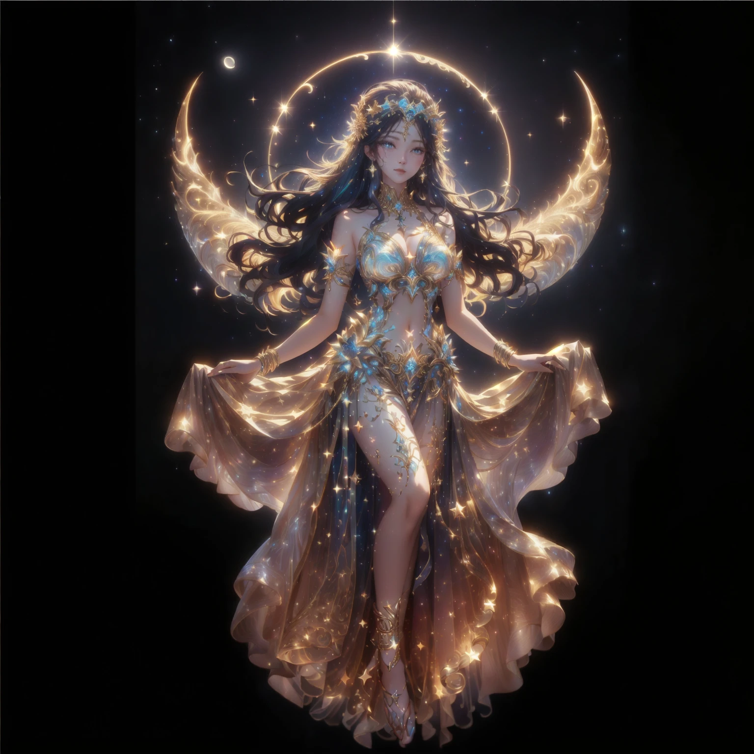 A woman in a golden dress stands in front of a starry sky., celestial goddess, beautiful heavenly mage, gorgeous goddess of leo, Argerm Julie Bell Beeple, goddess of light, moon goddess, as the goddess of the sun, Carole Bak and Peter Mohbacher, goddess. Very high detail, goddess of the sun, lunar goddess , Saw the navel. , star background ,  , golden sparkle , blue eyes , thigh , ประดับthighสีทองวิจิตร , gold anklet , , high definition , high resolution