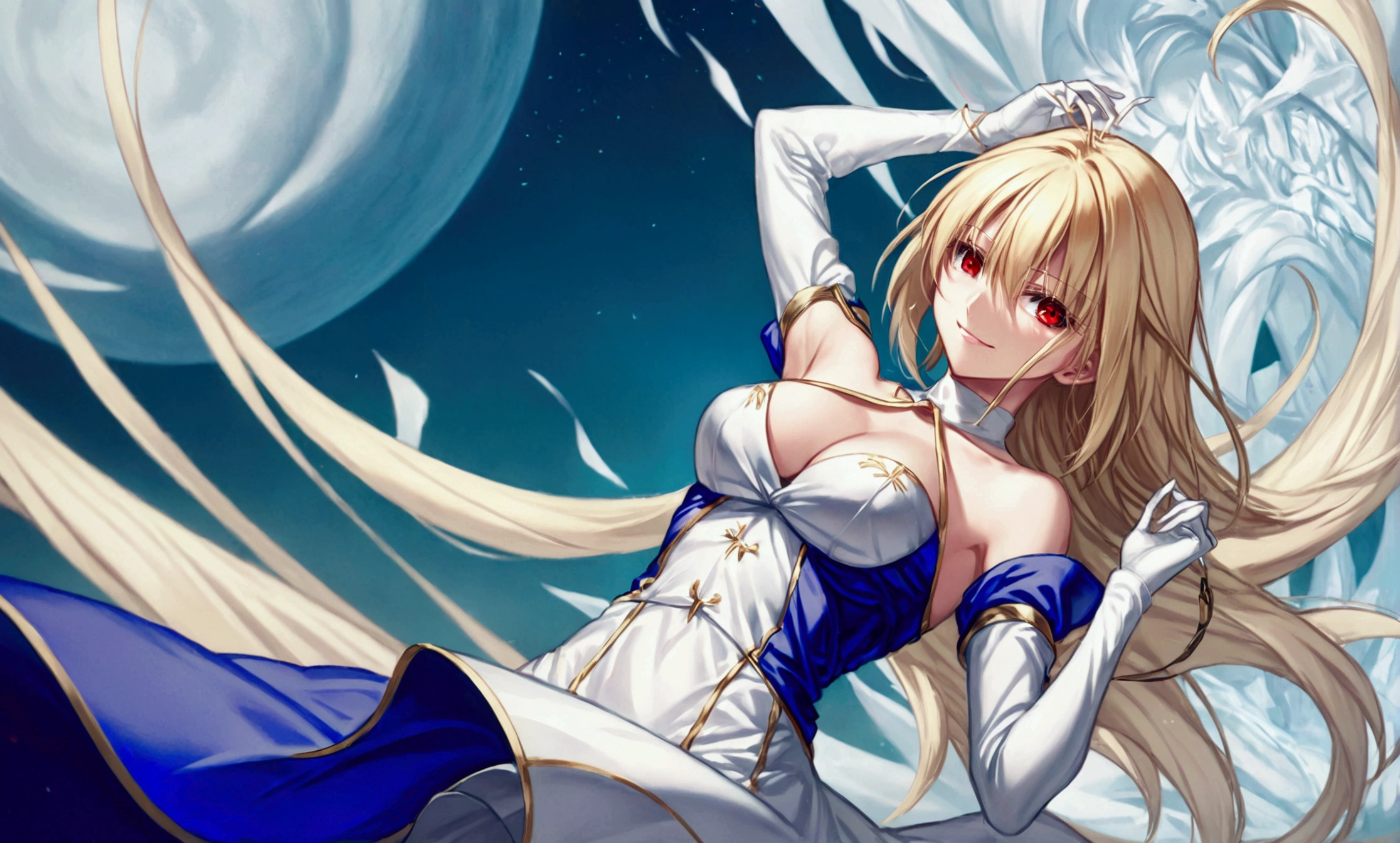 1girl, arcueid brunestud, red eyes, blonde hair, solo, breasts, evil smile, arcueid